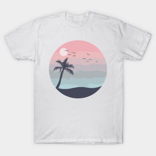 Simple Sea to Sunset Palm Tree Scene Digital Illustration T-Shirt